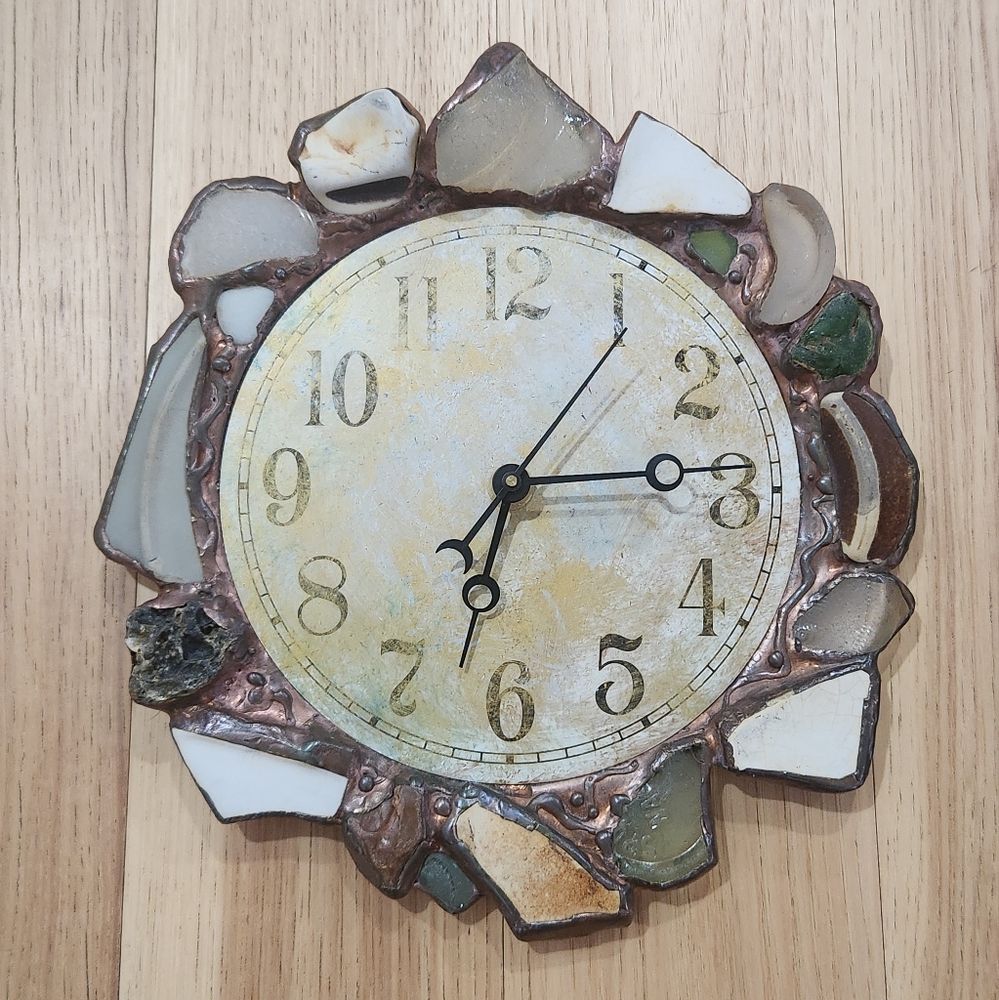 8" Rustic Mosaic Wall Clock Sea Glass Rocks Ceramic Pieces Diane Markin Boho